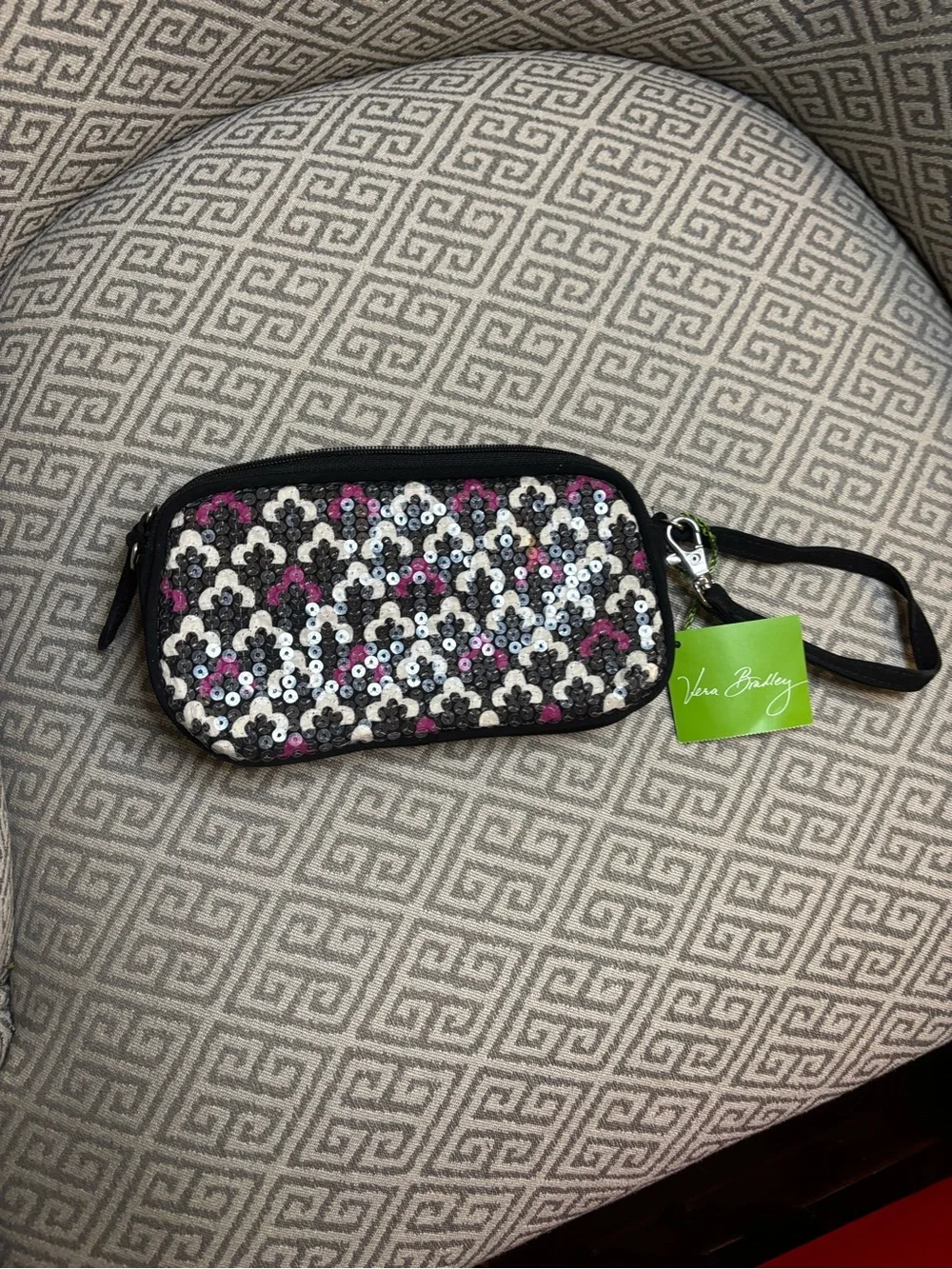 Vera Bradley Sequin Floral Wristlet in Black, White & Pink Accents